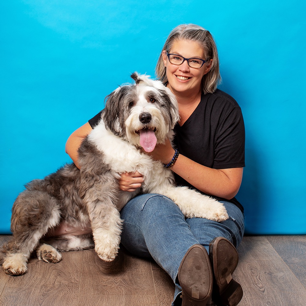 Julie Bateman Author and Illustrator of children's picture books with her old english sheepdog Bella